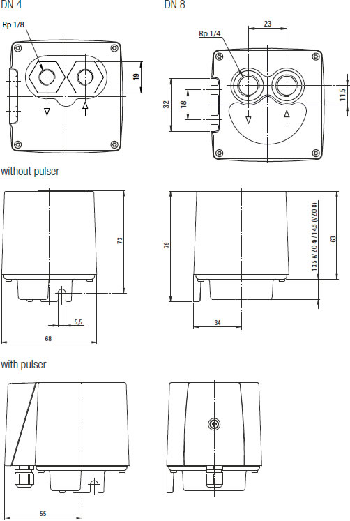 Aquametro Meter VZO/VZOA 4 and 8 Dimensions